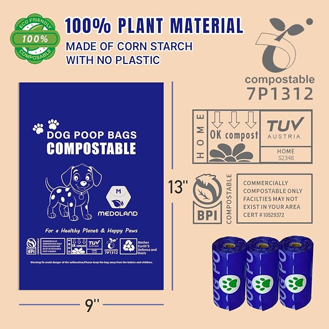 Compostable Dog Poop Bags BPI Certified Biodegradable Pet Waste Bags Leak-Proof Thickened and Opaque Eco Design (7 rolls & a dispenser)