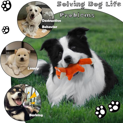 Hide and Seek Dog Toys Squeaky Fox Plush Toy with Crinkle Trunk, Interactive Dog Toy to Keep Them Busy Pet Teeth Clean Chew Toys for Small & Medium Dogs (Tree Trunk Hideout with 4 Fox)