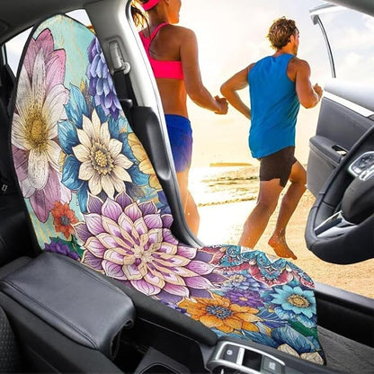 Coldinair Boho Flower Towel Seat Covers for Cars,SUVs,Trucks,Waterproof Sweat Car Front Seat Protector Cover Universal Fit,Non-Slip and Durable