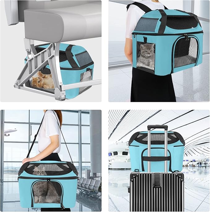Large Cat Carrier for 2 Cats Safe Soft Side Pet Carrier for Dog Collapsible Travel Small Dog Carrier TSA Airline Approved Cat Carrier for Large Cats 20 lbs, Blue