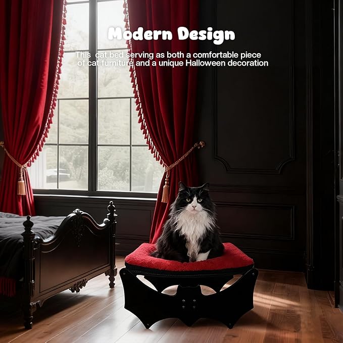 Gothic Cat Bed with Bat Design, Wooden Elevated Cat Beds with Sisal Scratching Mat, Cats Scratcher Bed with Removable Fluffy Cushion, Raised Pet Bed for Large Cats, 22" L x 17.7" W, Black