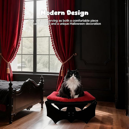 Gothic Cat Bed with Bat Design, Wooden Elevated Cat Beds with Sisal Scratching Mat, Cats Scratcher Bed with Removable Fluffy Cushion, Raised Pet Bed for Large Cats, 22" L x 17.7" W, Black