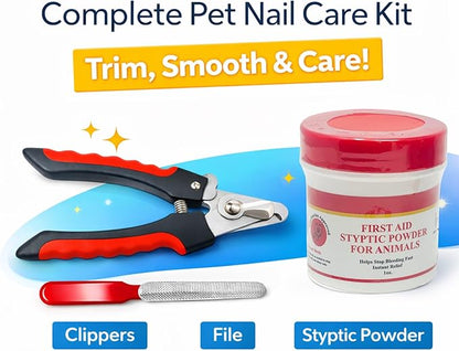 Pet Nail Care Kit – Dog & Cat Nail Clippers with Safety Guard, Non-Slip Grip, Nail File & 1oz Styptic Powder Quick Stop Bleeding Powder for Nail Clipping, Cuts & Grooming (1oz + Pet Trimmers, 1 oz)