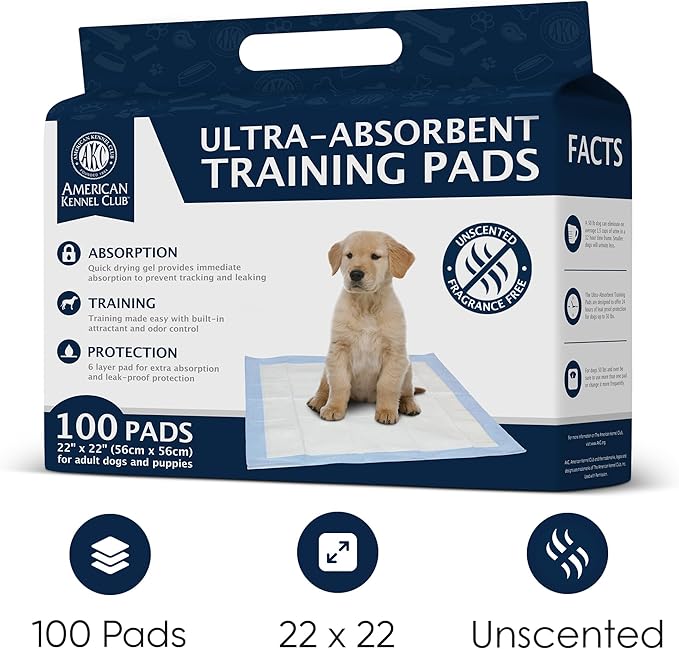American Kennel Club Scented Puppy Training Pads with Ultra Absorbent Quick Dry Gel, Pee Pads for Dogs (Unscented (Box), 22 x 22 - 100 Count)