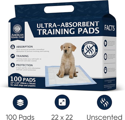 American Kennel Club Scented Puppy Training Pads with Ultra Absorbent Quick Dry Gel, Pee Pads for Dogs (Unscented (Box), 22 x 22 - 100 Count)
