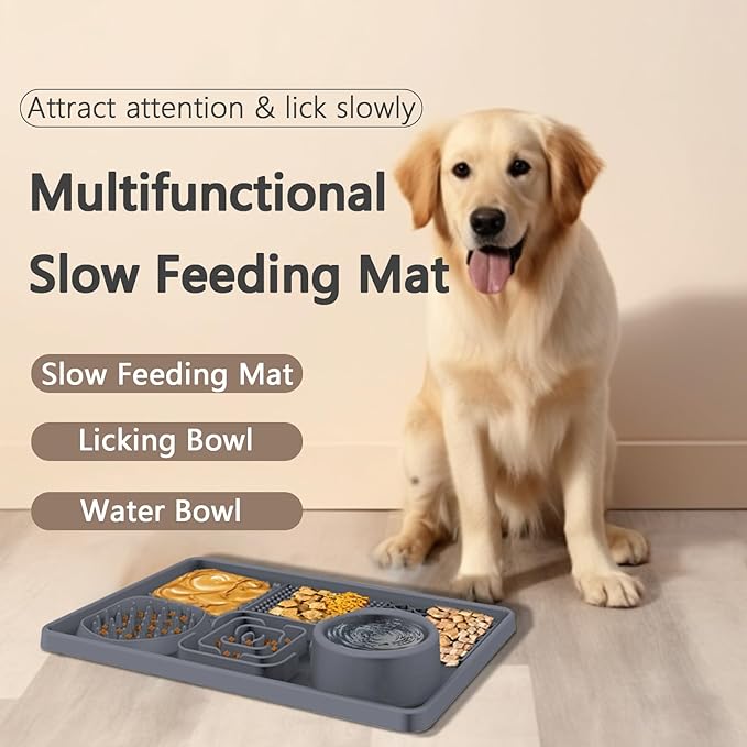 6-in-1 Silicone Pet Feeding Mat,Slow Feeder Bowl with Lick Pad with Non-Slip Suction Base for Cats & Dogs,Healthy Eating,Treat & Water Station,Dishwasher Safe (12x8 Inches)