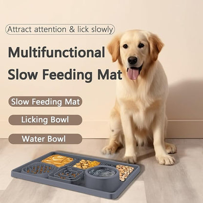 6-in-1 Silicone Pet Feeding Mat,Slow Feeder Bowl with Lick Pad with Non-Slip Suction Base for Cats & Dogs,Healthy Eating,Treat & Water Station,Dishwasher Safe (12x8 Inches)
