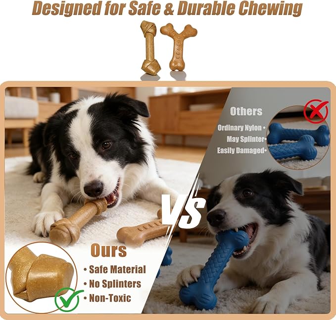 Dog Chew Toys for Aggressive Chewers, Durable Nylon & Wood Teething Toy with Chicken Flavor, Tough Chewing Dog Toys for Large Dogs (2Pack)