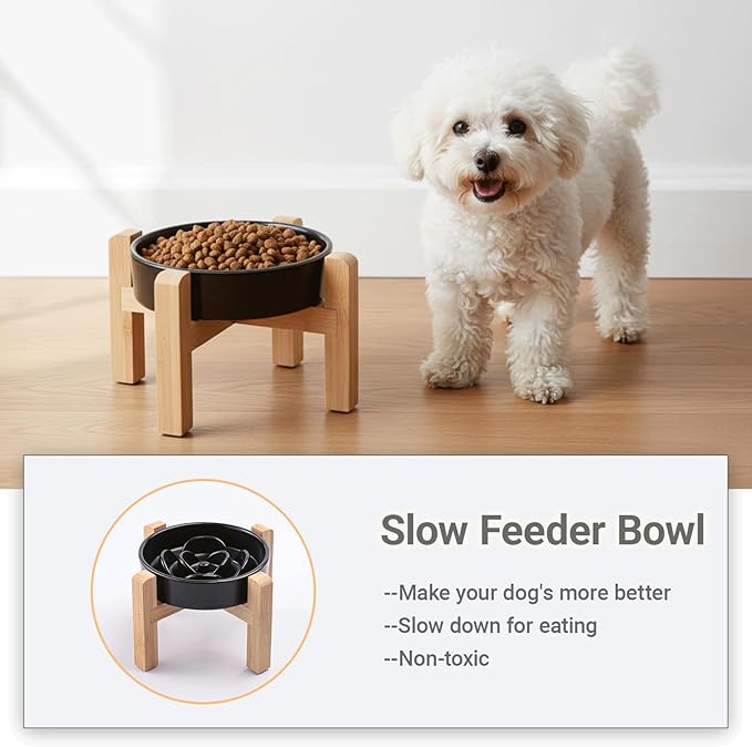 Ceramic Slow Feeder/Dog Bowl for Small Medium Dogs,Elevated/Raised Slow Feeding Dog Food Water Dish Heavy Weighted,Puzzle Eating Bow (Black, 8.26in)