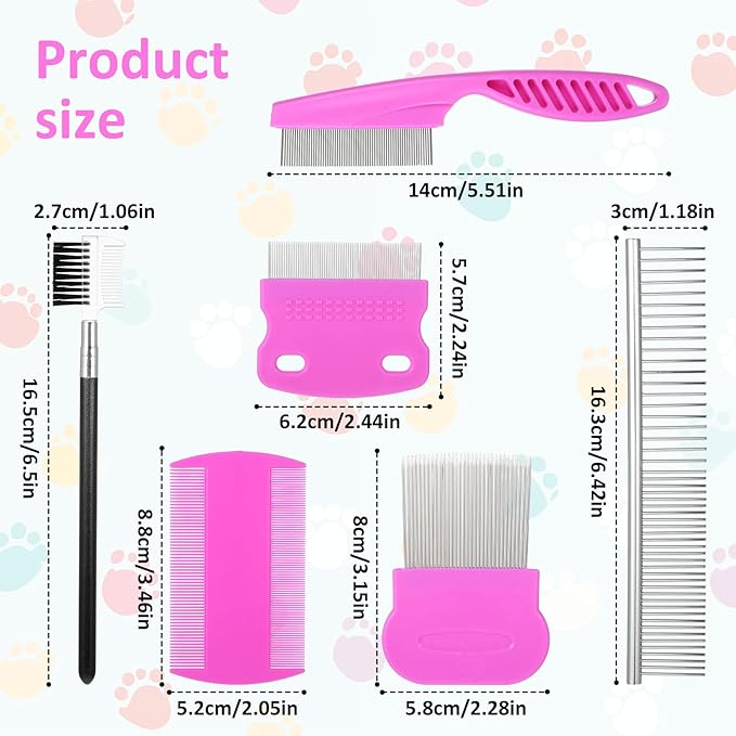 6 Pack Pet Fine Wide Tooth Comb Set Dog Cat Grooming Combs Professional Tear Stain Remover Dematting Comb Stainless Steel Dog Eye Combs for All Types of Small Medium Large Pets