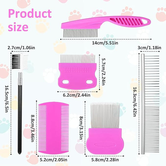 6 Pack Pet Fine Wide Tooth Comb Set Dog Cat Grooming Combs Professional Tear Stain Remover Dematting Comb Stainless Steel Dog Eye Combs for All Types of Small Medium Large Pets