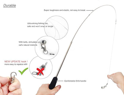 Cat Toys Wand Retractable Interactive Feather Teaser Cat Toy with Bell, 5pcs Refills