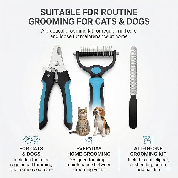 Kuzey Home Pet Nail Clipper & Deshedding Comb Set for Cats and Dogs, Safety Guard to Help Prevent Overcutting, Stainless Steel Blade, Non-Slip Handle, Includes Nail File