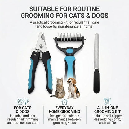 Kuzey Home Pet Nail Clipper & Deshedding Comb Set for Cats and Dogs, Safety Guard to Help Prevent Overcutting, Stainless Steel Blade, Non-Slip Handle, Includes Nail File