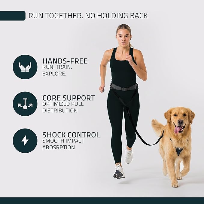 FITLY Dog Running Waist Belt - Dual-Point Force Distribution System - Hands-On-Hips Canicross Harness for Running, Walks, Hikes - Convertible Design with Storage Pouch & Bungee Damper - Nifty Black