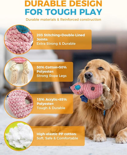 Crinkle Squeaky Dog Toys for Medium Dogs, Durable Plush Chew Toys for Tough Play, Interactive Tug of War Toy, Teething Gift to Keep Them Busy and Relieve Boredom (Pink Chick)