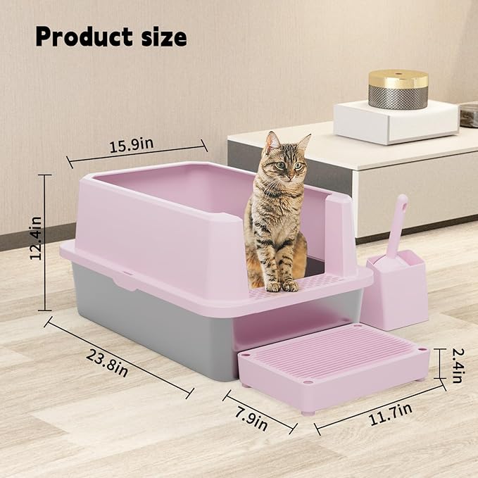 RIZZARI Large Cat Litter Box: Pink Heavy-Duty 304 Stainless Steel Open Pan - High Sides Prevent Leaks - Odor-Free & Easy Clean - Teflon Non-Stick Coating - Ideal for Big Cats in Apartments & Bathrooms