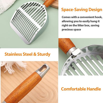 Stainless Steel Metal Cat Litter Scoop,Kitten Pooper Lifter with Long Handle, for Litter Box,with Small Broom & Dustpan,for Quick Cleaning