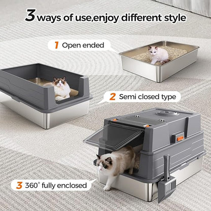 XXXL Stainless Steel Litter Box with Lid,28" L x 20.5" W x 16.5" H Extra Large Cat Litter Box Enclosure for Large and Multi-Cats Families,Non-Sticky, Anti-Leakage, Easy to Clean(Gray)