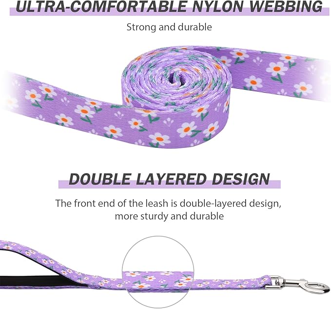 Hikiko 5FT Dog Leash for Small Medium Large Dogs, Dual Padded Handles Dog Lead for Walking Training (Purple Floral)