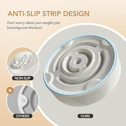 Ceramic 3.2 Cup Dog Bowl Slow Feeder, 9.5 inch Slow Pet Food Dish for Large Dog, Stop Bloat, Preventing Choking(Single Bowl,Reactived Glaze -White)