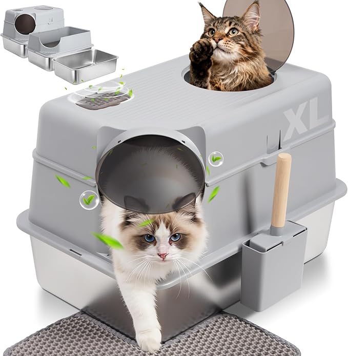Enclosed Stainless Steel Cat Litter Box with Lid, XL Large Metal Litter Box Stainless Steel, Odor-Free/Anti-Leakage & Non-Stick/Easy Clean, High Sided Litter Box with Mat & Scoop for Big Cats