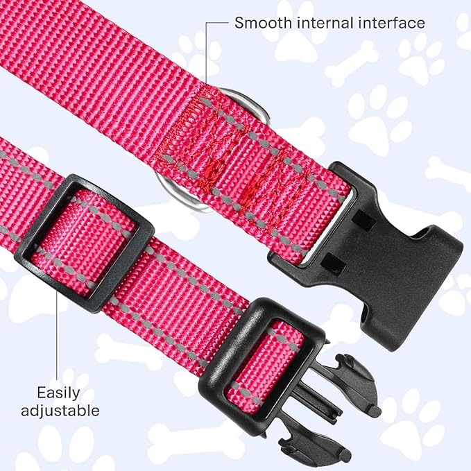 FunTags Reflective Dog Collar, Sturdy Nylon Collars for Puppy and Extra Small Girl and Boy Dogs, Adjustable Dog Collar with Quick Release Buckle,Pink,5/8" Width
