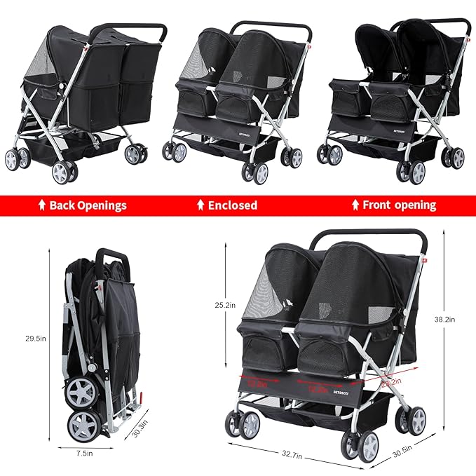 Double Pet Stroller for 2 Small Dogs & Cats, Side-by-Side Twin Travel Carriage with Safety Leashes, Mesh Windows & Double Storage Baskets, Lightweight & Foldable, 44lbs Capacity, Black