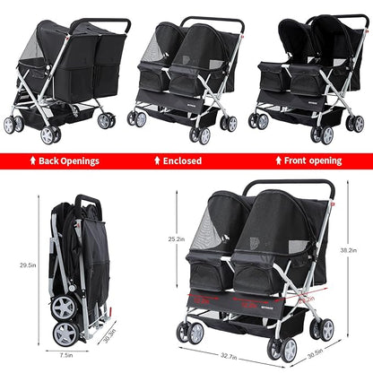 Double Pet Stroller for 2 Small Dogs & Cats, Side-by-Side Twin Travel Carriage with Safety Leashes, Mesh Windows & Double Storage Baskets, Lightweight & Foldable, 44lbs Capacity, Black