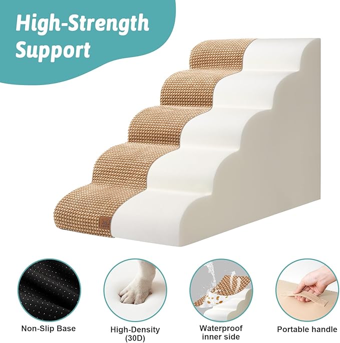 Extra Wide Dog Stairs 19.7" Width, Pet Step for Small/Medium/Large Dog, Puppy or Cat, Pet Ramp for High Bed or Car, High Density Foam Ladder, 19.7x33x22.4 in, Stable, 5 Step, Light Brown