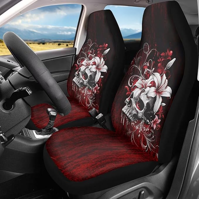 Gothic Skull Car Seat Cover Front Seat Cushion Covers, Washable and Breathable Car Accessories Universal Fits SUV, Sedan, Van, Truck Easy to Install, Black Red