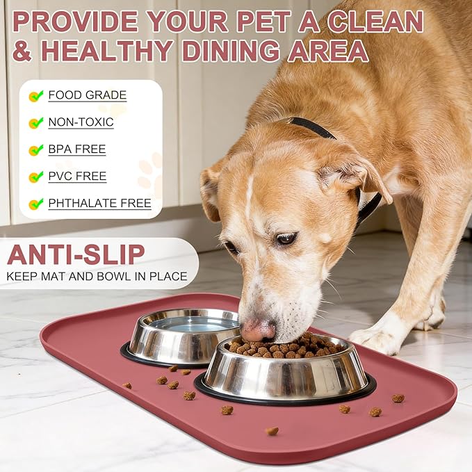 Silicone Pet Food Mat with Raised Edge for Food and Water Bowl, Dog Feeding Mats, Cat Food Trays for Floor Waterproof, Rubber Tray for Dogs and Cats, 19 x 12 x 0.7 Erythrinus