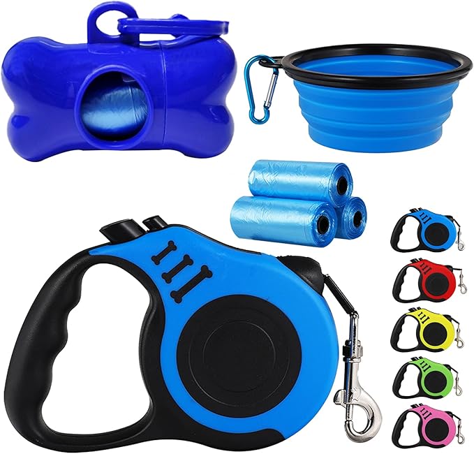 Heavy Duty Retractable Dog Leash - 16FT Blue, Tangle-Free Nylon Tape, Anti-Slip Handle, with Waste Bag Dispenser for Small Dog or Cat up to 26 lbs
