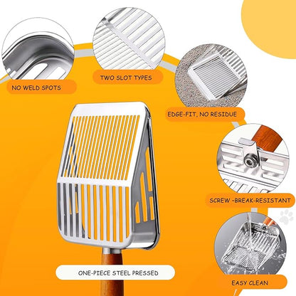 Rustproof & Unbreakable 304 Stainless Steel Metal Cat Litter Scoop, One-Piece Pressed Design with No Welds, Easy Bottom Scooping, Reinforced Anti-Break Handle