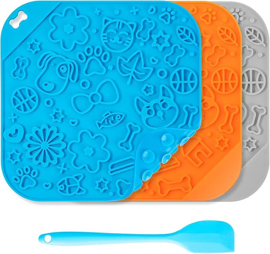 8 Inch Dog Feeding Mats Square Pet Slow Feeders Anti Gulping Healthy Eating, Silicone Bowls Design for Small Medium Size Dogs and Cats (OrangeBlueGrey1)