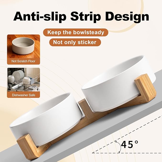 Kimdio Ceramic Dog Bowls with Wood Stand, 13.5OZ Pet Bowls Set of 2 for Medium Small Dogs and Cats - Non-Slip Base Cute Pet Food & Water Basic Bowls Glaze Matte-White