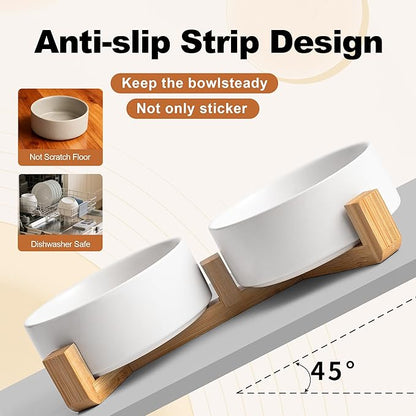 Kimdio Ceramic Dog Bowls with Wood Stand, 13.5OZ Pet Bowls Set of 2 for Medium Small Dogs and Cats - Non-Slip Base Cute Pet Food & Water Basic Bowls Glaze Matte-White