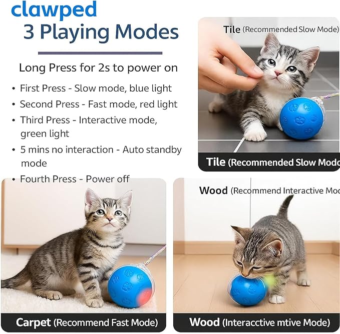 Interactive Cat Ball Toy, Automatic Self-Rolling, Motion-Activated, 3 Replaceable Teaser Wand Tails, Food-Grade TPU-Reinforced, Built-In Bluetooth Speaker with Preloaded Bird Sounds/Optional Music