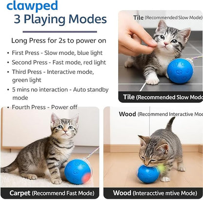 Interactive Cat Ball Toy, Automatic Self-Rolling, Motion-Activated, 3 Replaceable Teaser Wand Tails, Food-Grade TPU-Reinforced, Built-In Bluetooth Speaker with Preloaded Bird Sounds/Optional Music