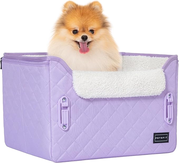 PETSFIT Dog Car Seats for Small Dogs – Patented Safety Buckles – Safety Tether – Foldable Travel Cat Car Seat Reduces Anxiety & Road Trips – Stable Frame, Fits Front/Back Seat (Lavender Purple)