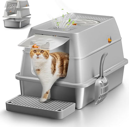 Stainless Steel Cat Litter Box with Lid, XL Large Enclosed High Sided Litter Box with Removable Lid, Carbon Filters -Odor Free, Easy Cleaning, Anti-Urine Leakage for Big Cats/Multiples-Grey