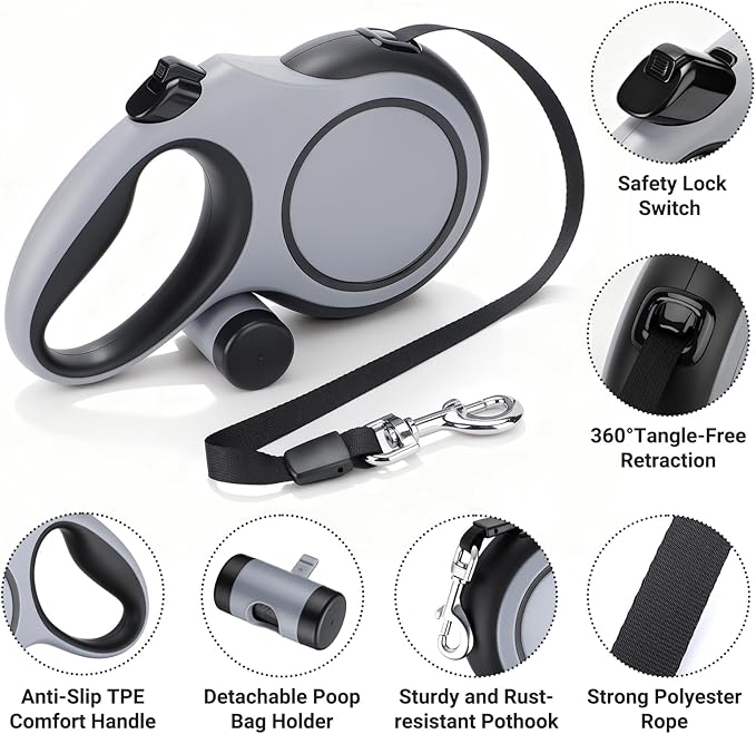 Segarty 26 Ft Walking Lead with Poop Bag Holder for Dog 66 lbs - 110 lbs, 8m Dog Leash Retractable with Anti-Slip Handle & One-Handed Brake Pause Lock, 360°Tangle-Free Leash for Pet Outside Activities