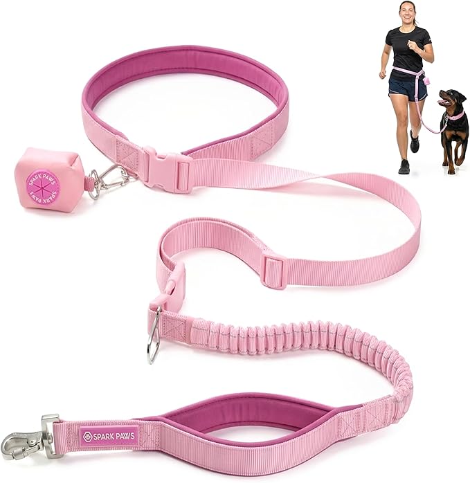 Spark Paws Handsfree Dog Leash – Shock Absorbing Waist Bungee Lead for Running, Car Seatbelt Clip & Poop Bag Set, Heavy Duty Tactical Lead for Medium, Large & X-Large Breeds - Pink