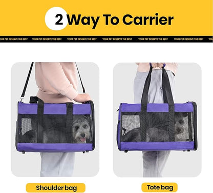 Cat Carrier Airline Approved, Soft-Sided Dog Carrier with Inner Safety Leash, Pet Transport Carrier for Small-Medium Cats Puppies up to 15 Lbs, Collapsible Travel Kitten Carrier Bag -Purple M