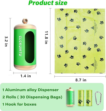 Dog Poop Bag Dispenser, Upgraded Aluminum Poop bag Holders for Leashes, Durable Leakproof Pet Waste Holder w/Carabiner Clip, 2 Rolls Waste Bags Included, Outdoor Dog Walking Travel (Green)