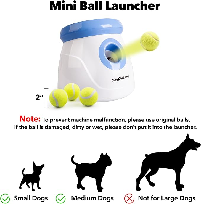 Pet Prime Automatic Dog Ball Thrower Launcher for Small and Medium Dogs, Interative Dog Fetch Machine with 3 Tennis Balls (2'') for Indoor/Outdoor Throwing Game Launch Distance 10-30ft