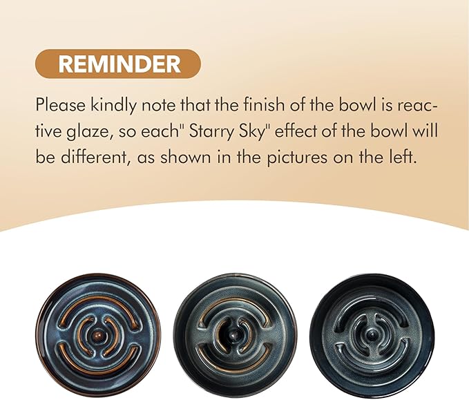 Ceramic 1.6 Cup Raised Slow Feeder Dog Bowl Set, Elevated 7.3inch Bowl and 8.2inch Dish with Acacia Wood Stand for Medium and Large Dog(Starry Sky)