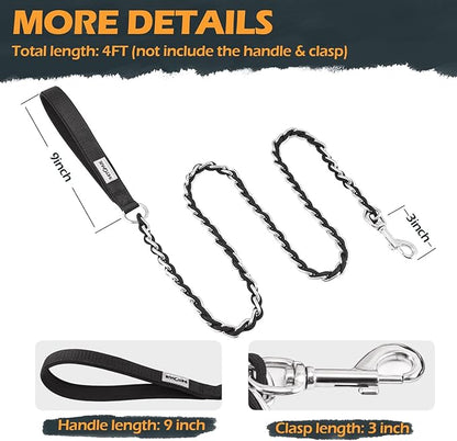Chain Dog Leash Chew Proof Metal Leash for Medium Large Dogs, Chain Link Dog Anti Chew 5.2FT / 4FT Strong Anti Bite Comfortable Soft Padded Handle (Black, 4FT(5-30lb))