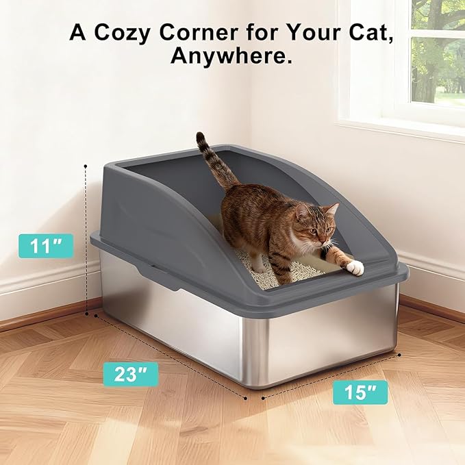 2 Pack Stainless Steel Litter Box | XL Enclosed Cat Litter Boxes with Lid for Big Cats and Multi-Cats | High Sided, Anti-Urine Leakage | Non-Stick Bottom（Dark Gray）