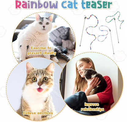 3 PCS Interactive Cat Rainbow Wand Toys, Interactive Cat Teaser Wand Toys for Indoor Cats and Kitten Extended Colorful Cats String Toy with Bells Teaser Wands String for Kitten Kitty Exercise Keep Fit